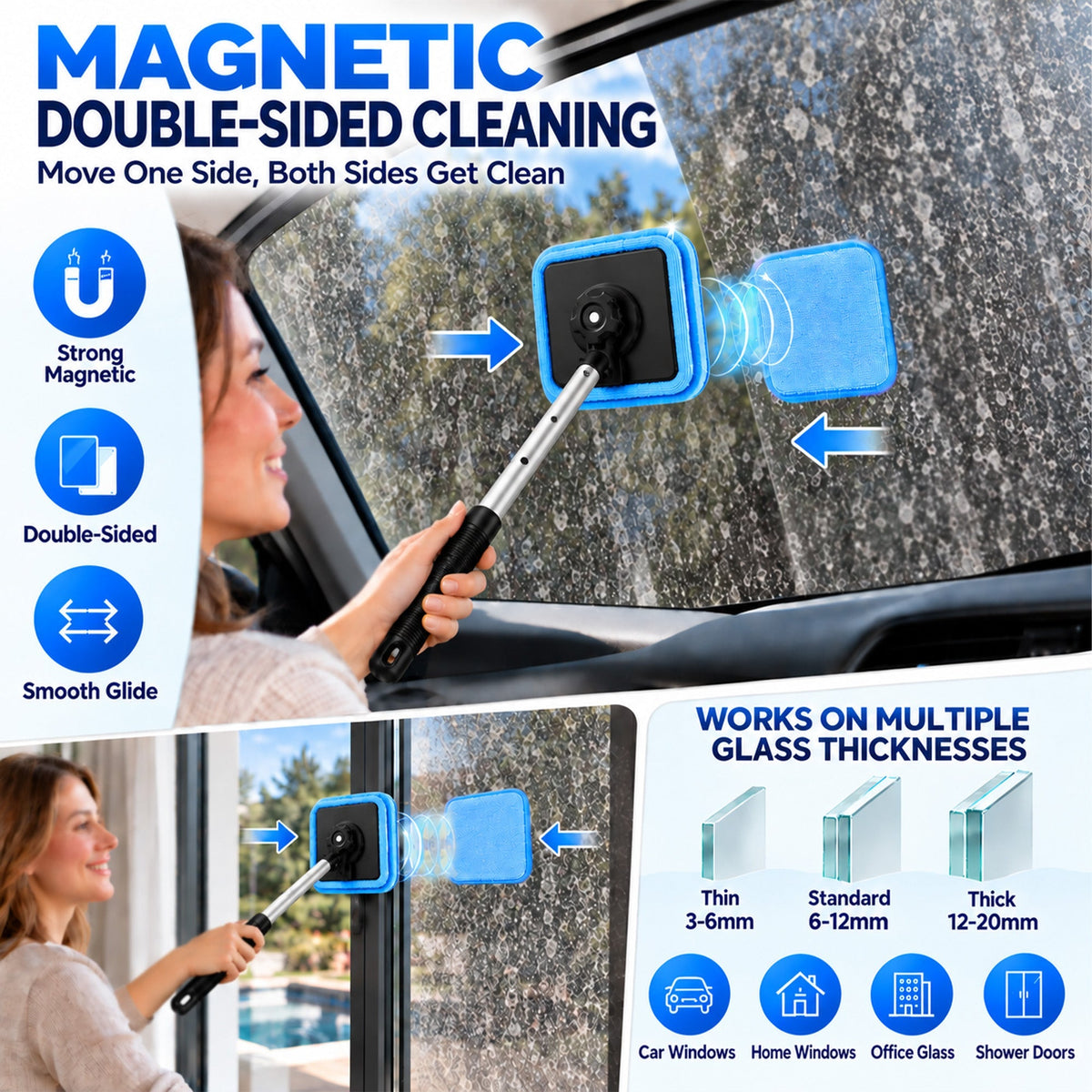 All-In-One Magnetic Glass Cleaner 🔥— Dual-Side Cleaning, Washable Pads & Versatile Home and Car Use | One Kit. Cleaner Glass. Less Effort. 💎
