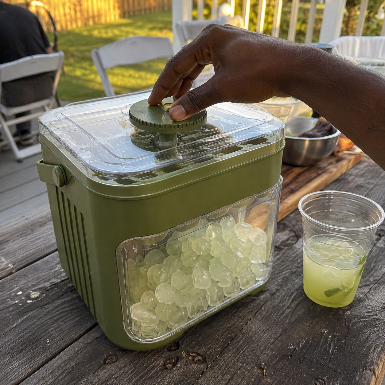 Customer photo of the sage green covered ice tray box outdoors with a hand pressing the top