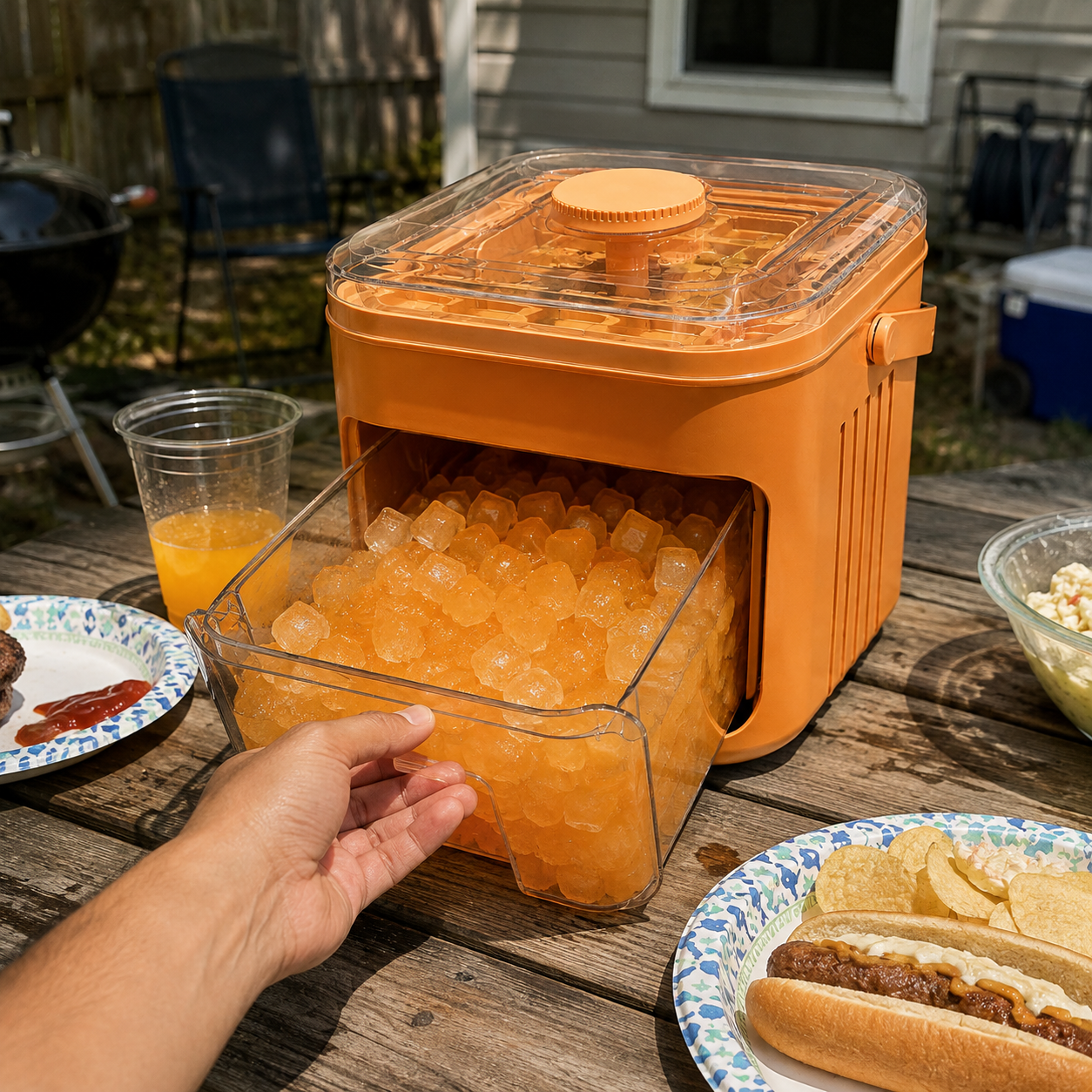 Customer photo of the orange covered ice tray box outdoors on a table with food nearby