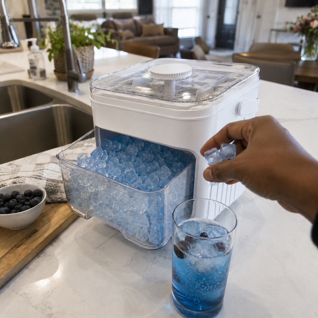 Customer photo of the white covered ice tray box beside a blue drink while ice is being added to the glass