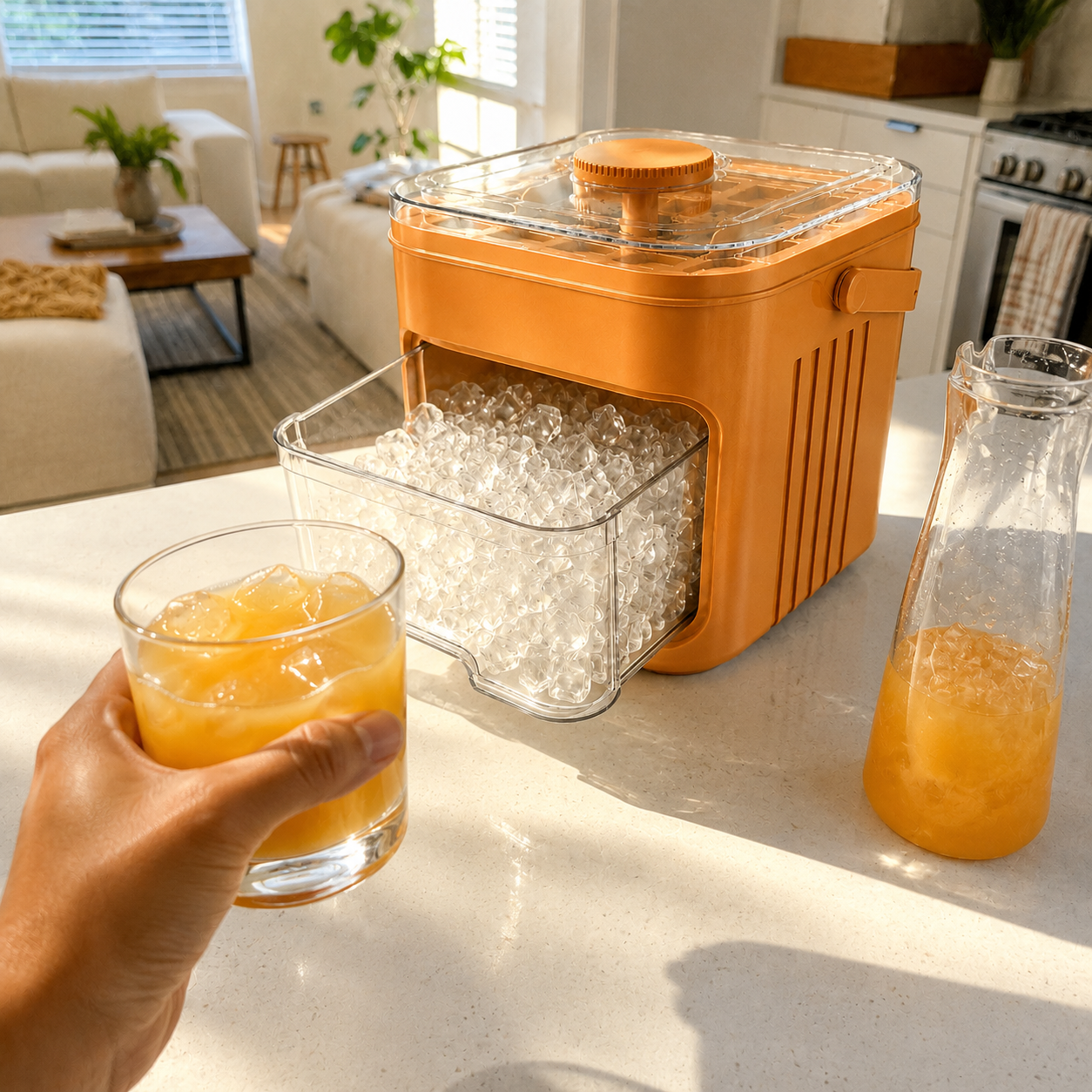 Customer photo of the orange covered ice tray box on a bright kitchen counter with a hand holding a cold drink