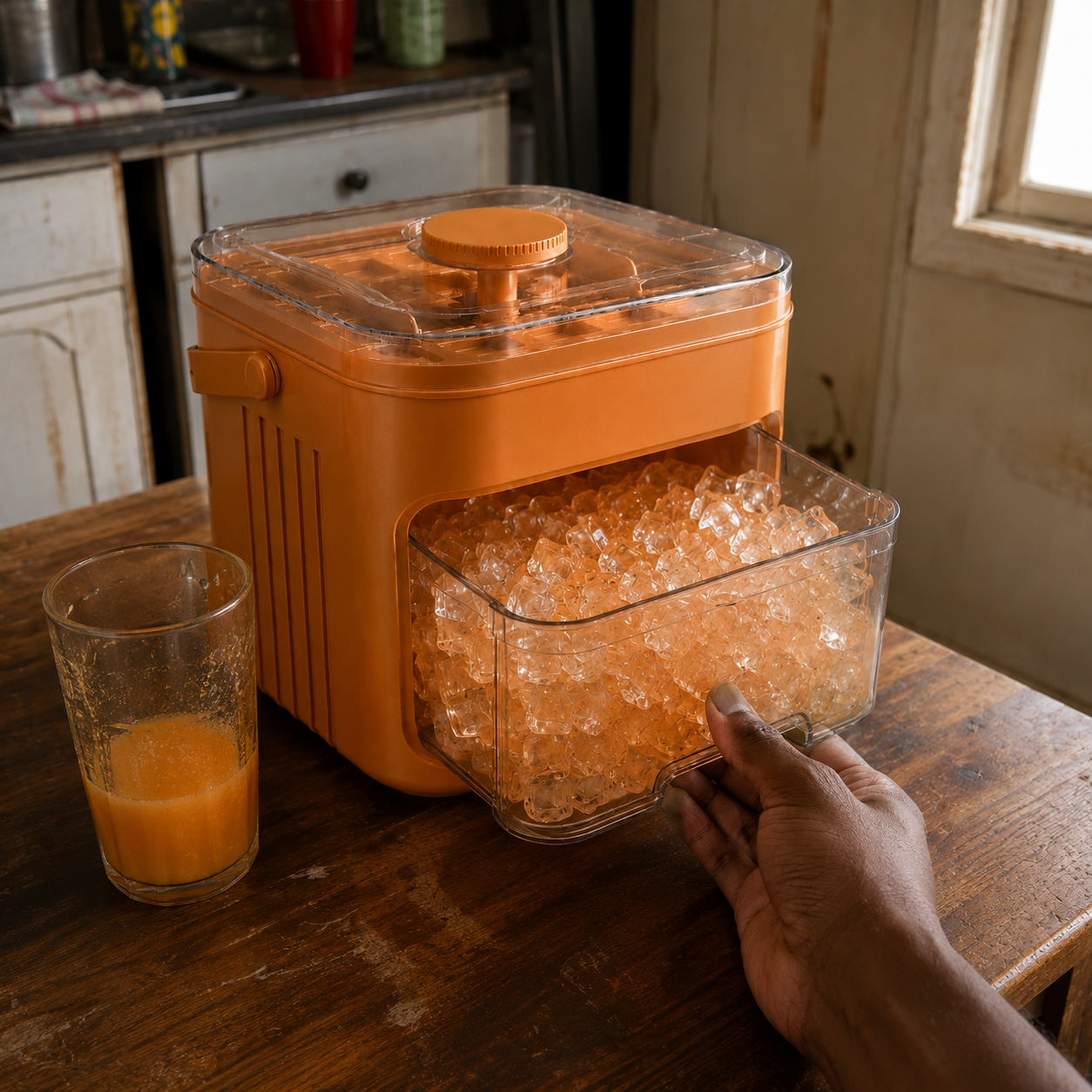 Customer photo of the orange covered ice tray box indoors with the drawer pulled out