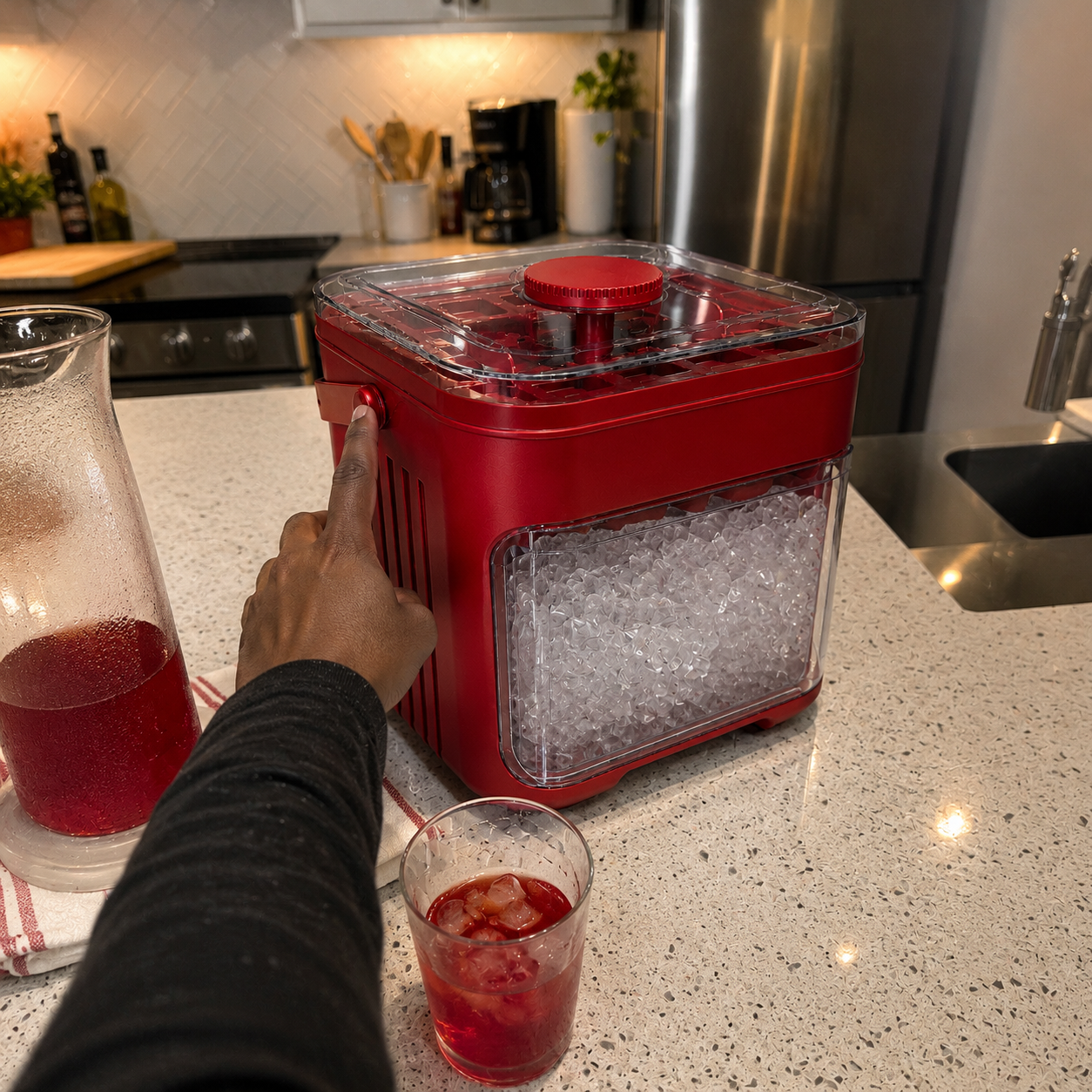 Customer photo of the coral red covered ice tray box on a kitchen counter beside a red drink