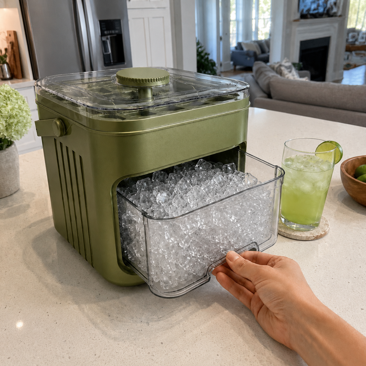 Customer photo of the sage green covered ice tray box on a white kitchen counter with the drawer open