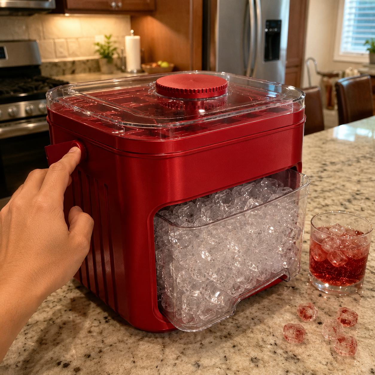 Customer photo of the coral red covered ice tray box on a kitchen counter with a hand touching the side