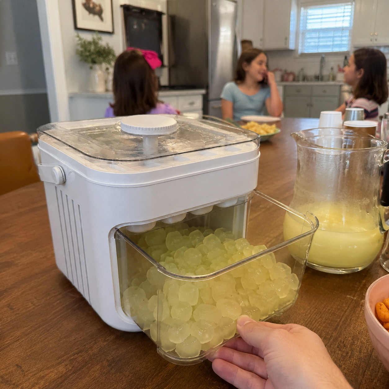 Customer photo of the white covered ice tray box on a dining table with children in the background