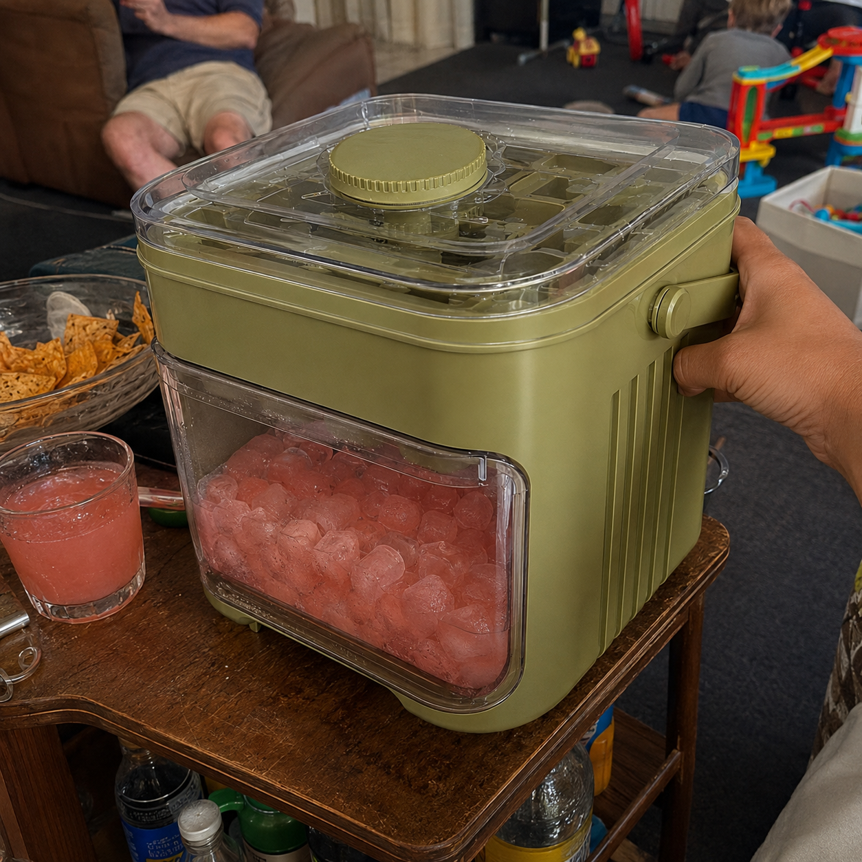 Customer photo of the sage green covered ice tray box being held by the side on a living room table