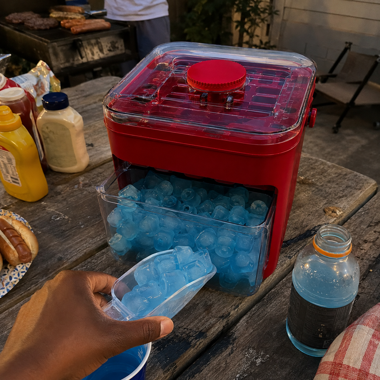 Customer photo of the coral red covered ice tray box outdoors with a scoop and blue drink