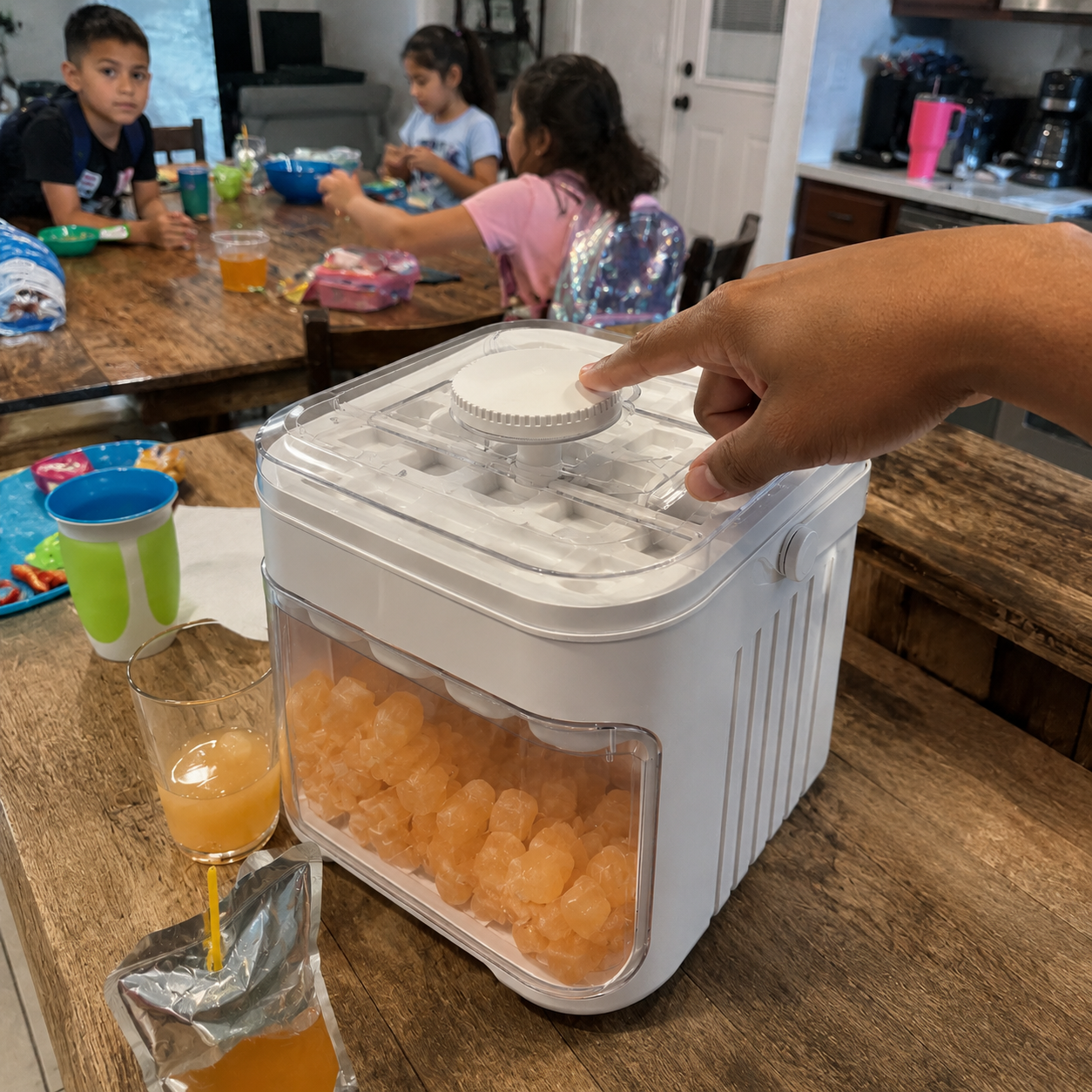 Customer photo of the white covered ice tray box with a hand pressing the top