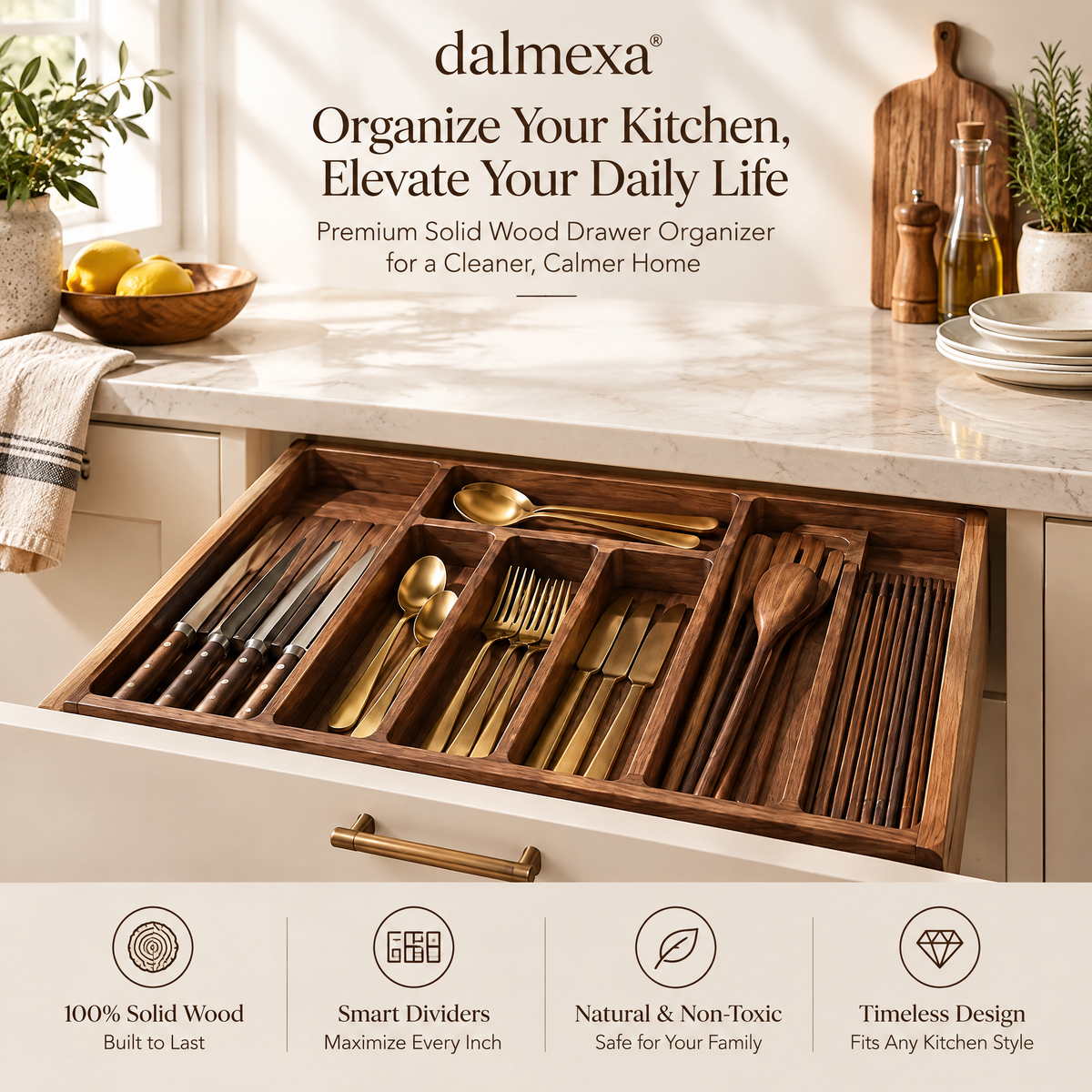 dalmexa®Solid Wood Cutlery Drawer Organizer