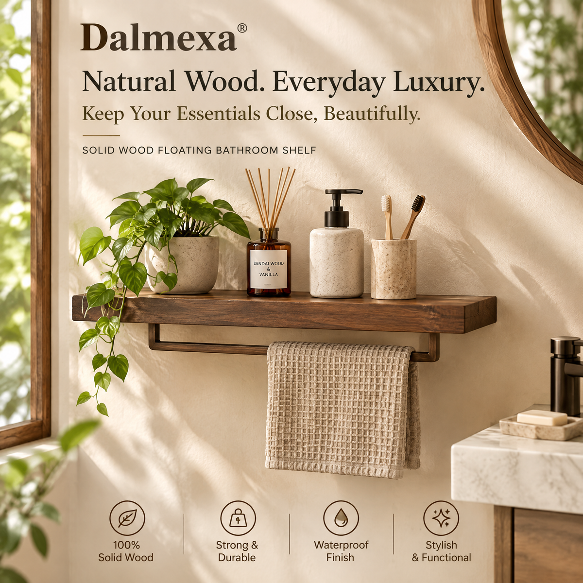 dalmexa®Solid Wood Floating Bathroom Shelf