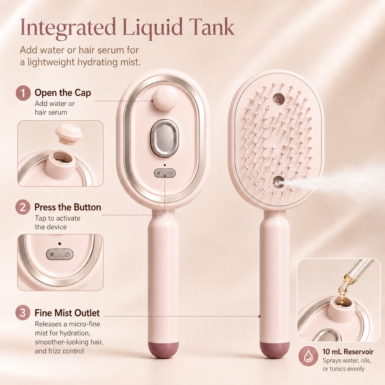 Nectavira integrated 10 mL liquid tank and fine mist hair brush